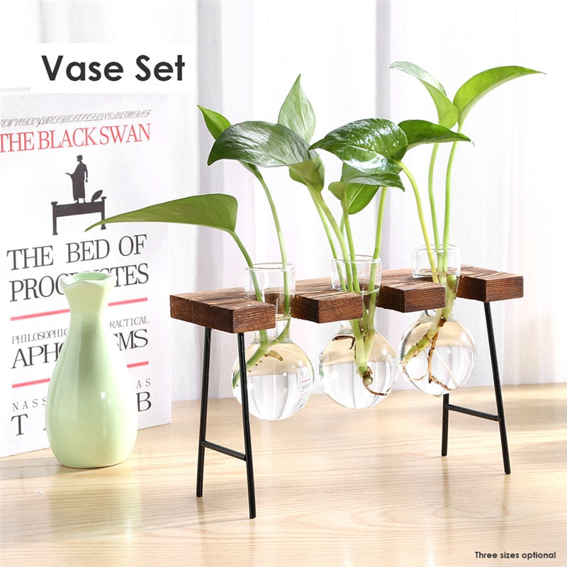 Glass and Wood Vase Planter Terrarium Table Desktop Hydroponics Plant Bonsai Flower Pot Hanging Pots with Wooden Tray Home Decor-0