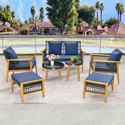 7 Piece Outdoor Conversation Set with Stable Acacia Wood Frame Cozy Seat & Back Cushions-Navy-0