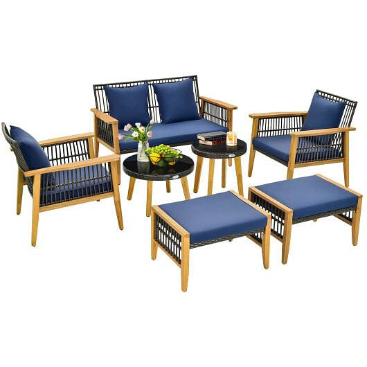 7 Piece Outdoor Conversation Set with Stable Acacia Wood Frame Cozy Seat & Back Cushions-Navy-2