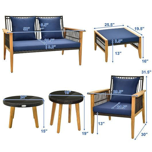 7 Piece Outdoor Conversation Set with Stable Acacia Wood Frame Cozy Seat & Back Cushions-Navy-3