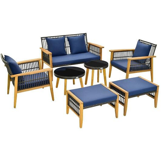 7 Piece Outdoor Conversation Set with Stable Acacia Wood Frame Cozy Seat & Back Cushions-Navy-4