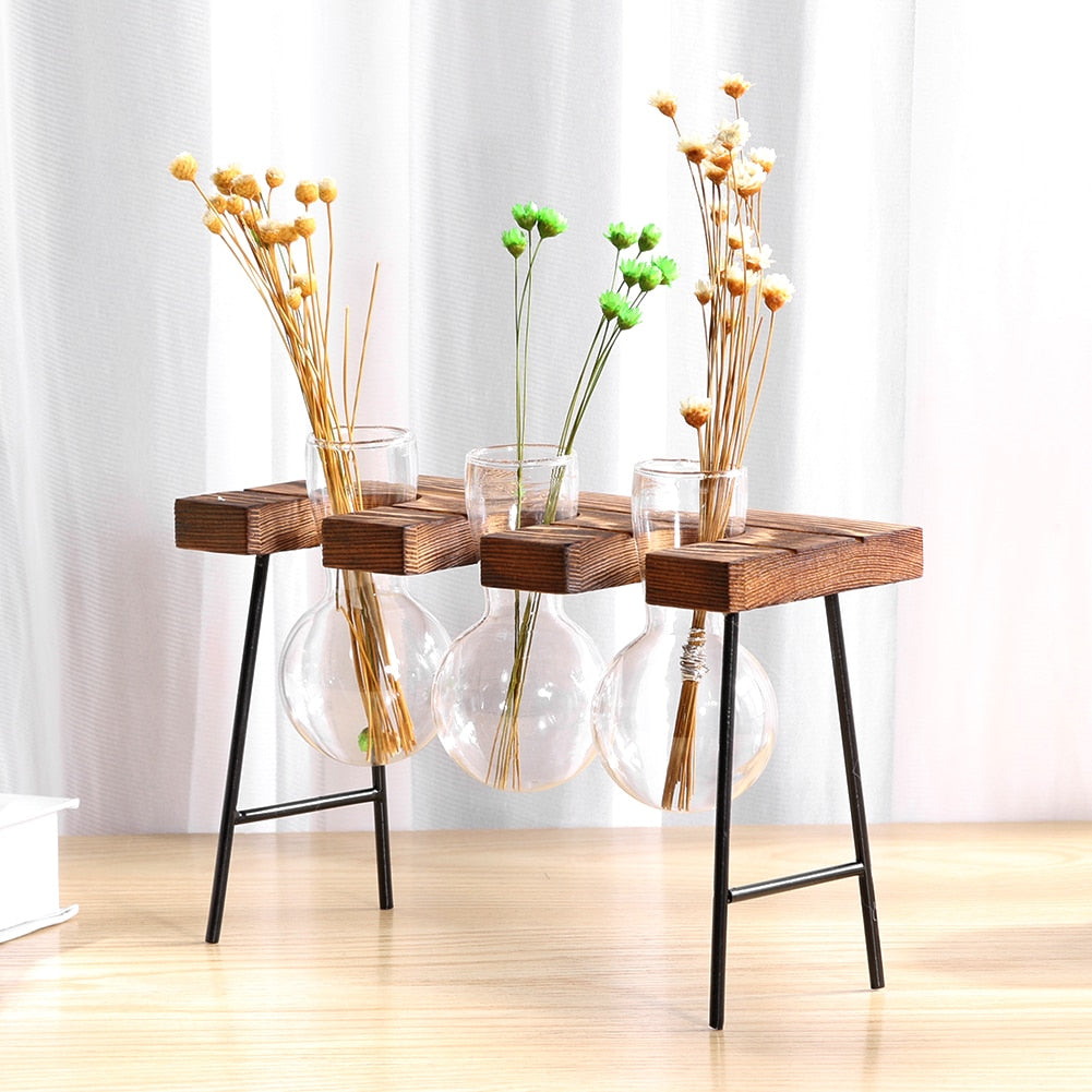 Glass and Wood Vase Planter Terrarium Table Desktop Hydroponics Plant Bonsai Flower Pot Hanging Pots with Wooden Tray Home Decor-1