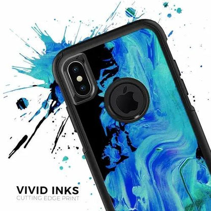 Liquid Abstract Paint V46 iPhone OtterBox skin by PrimeCanada.Store, blue splash design with black bumper