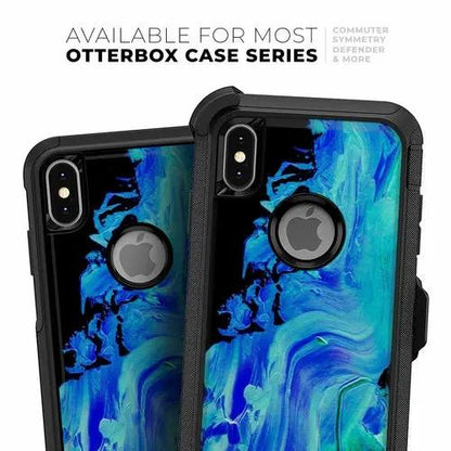 Liquid Abstract Paint V46 skin kit for iPhone OtterBox cases; blue abstract design on two black shells