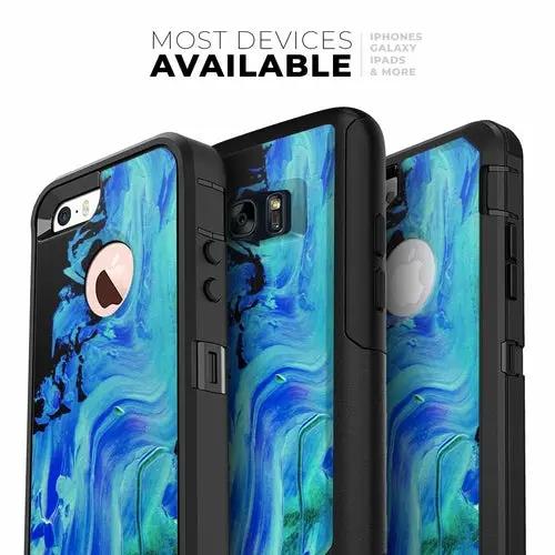 Liquid Abstract Paint V46 skin kit for iPhone OtterBox cases, blue swirled design; shown on 3 devices