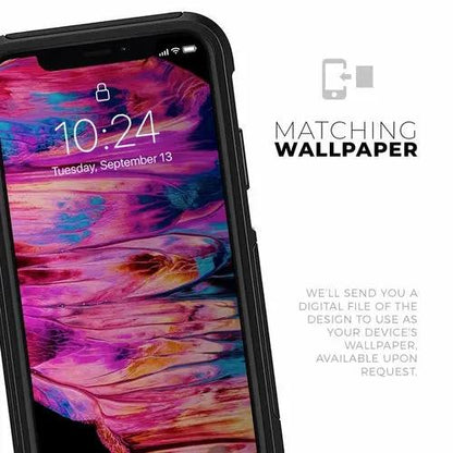 Liquid Abstract Paint V68 Skin Kit for iPhone OtterBox case, black case with vibrant abstract wallpaper.
