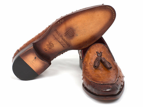 Paul Parkman Camel Brown Genuine Ostrich Tassel Loafers