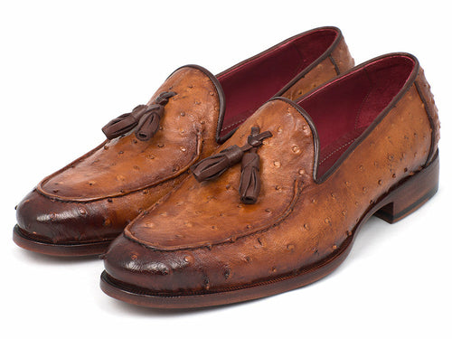 Paul Parkman Camel Brown Genuine Ostrich Tassel Loafers