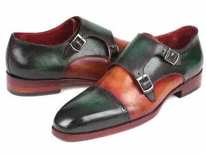 Paul Parkman Captoe Double Monkstraps green and camel leather dress shoes