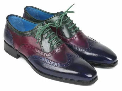 Paul Parkman men's multi-color wingtip oxfords from PrimeCanada.Store, blue-green-burgundy patent leather, lace-up pair