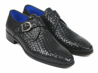 Paul Parkman Zapatos Monkstrap Negros de Cuero Trenzado