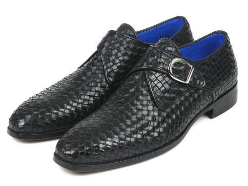 Paul Parkman Black Woven Leather Single Monkstraps