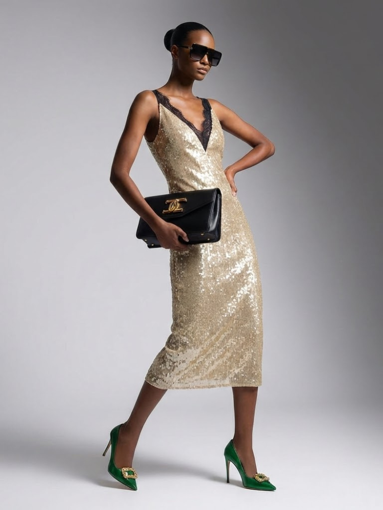 Midi Dress New Collection BYMANYC ® New York • Champagne Gold Sequins & Lace-0