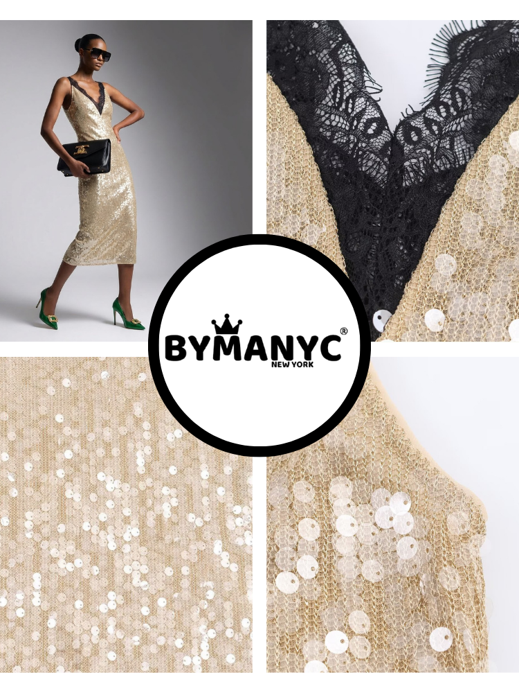 Midi Dress New Collection BYMANYC ® New York • Champagne Gold Sequins & Lace-1