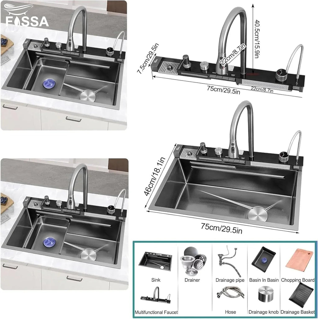 (30 x 18 x 10) Inch 304 Piano 5 Keys Smart Kitchen Sink  Black-1