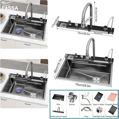 (30 x 18 x 10) Inch 304 Piano 5 Keys Smart Kitchen Sink  Black-1