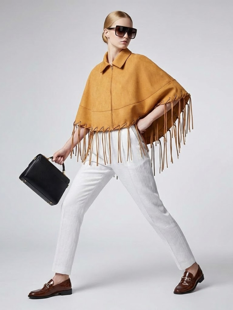 Mustard Suede-Finish Cape with Fringes and Eyelet Details • BYMANYC ® New York-0