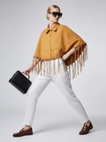 Mustard Suede-Finish Cape with Fringes and Eyelet Details • BYMANYC ® New York-0