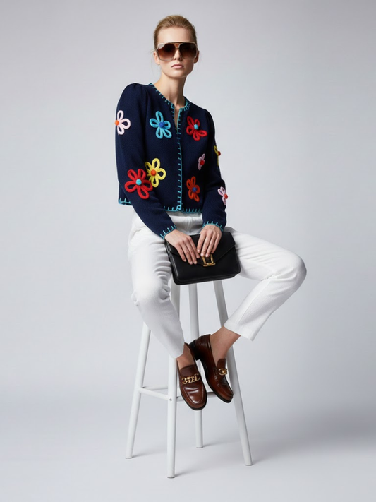 Navy Knit Jacket with 3D Flowers and Contrast Stitching • BYMANYC ® New York-1