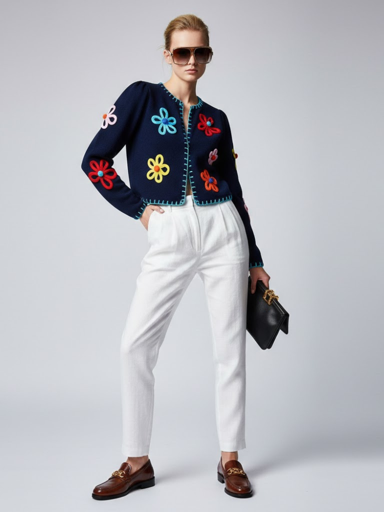 Navy Knit Jacket with 3D Flowers and Contrast Stitching • BYMANYC ® New York-0