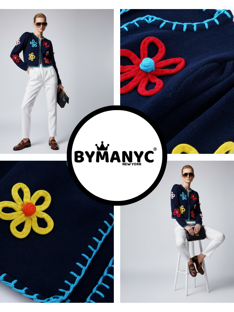 Navy Knit Jacket with 3D Flowers and Contrast Stitching • BYMANYC ® New York-2