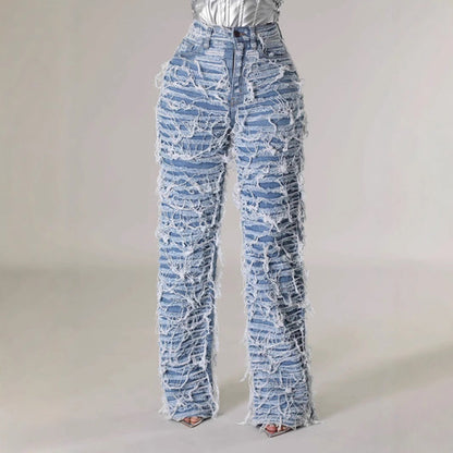 25 Edition – Women’s High Waist Ripped Tassel Denim Pants
