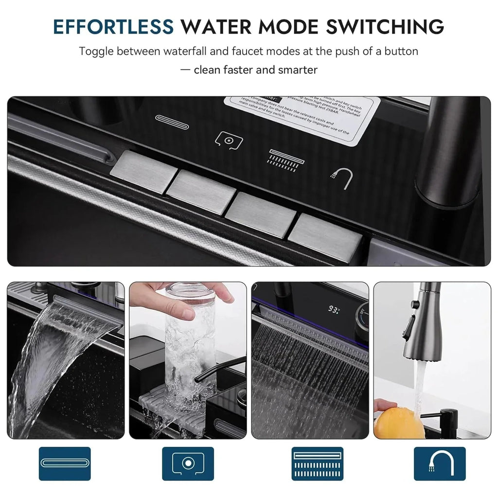 (30 x 18 x 10) Inch 304 Piano 5 Keys Smart Kitchen Sink  Black-4