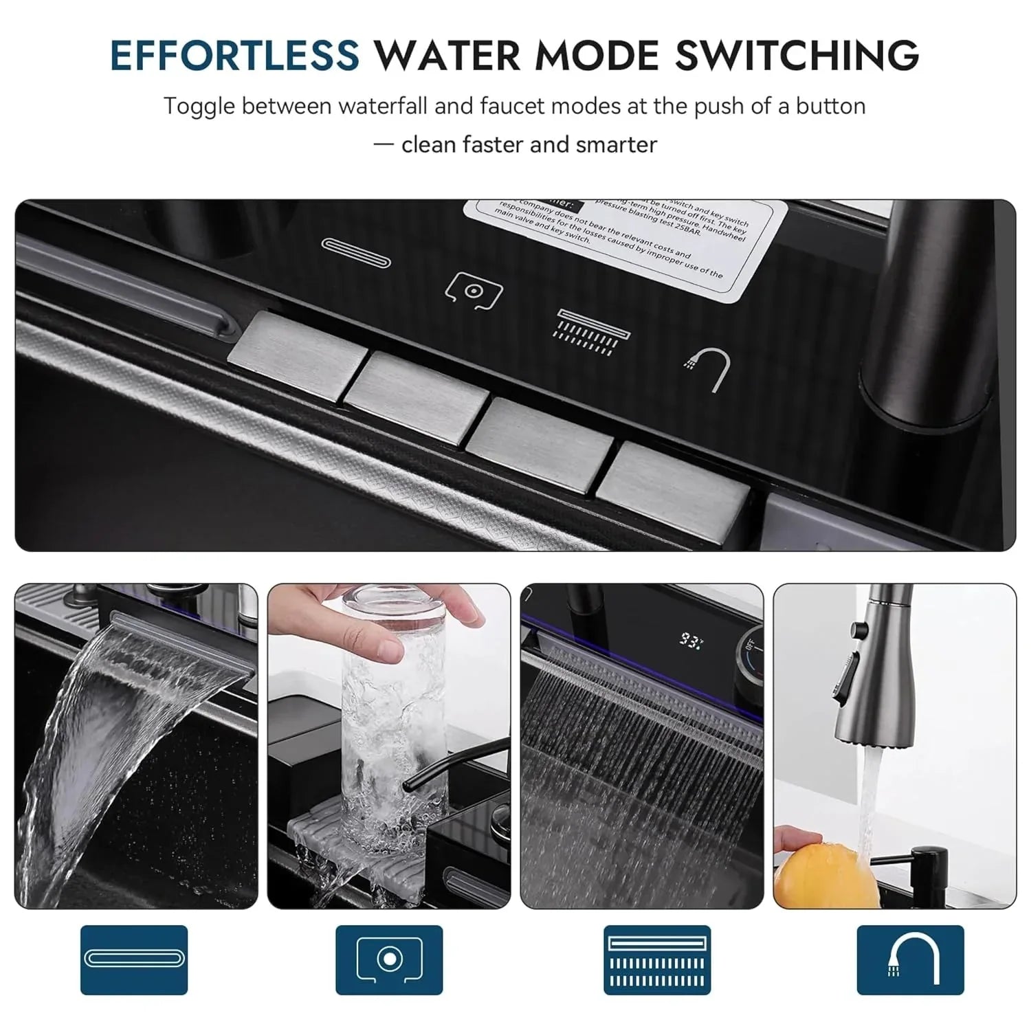 (30 x 18 x 10) Inch 304 Piano 5 Keys Smart Kitchen Sink  Black-4