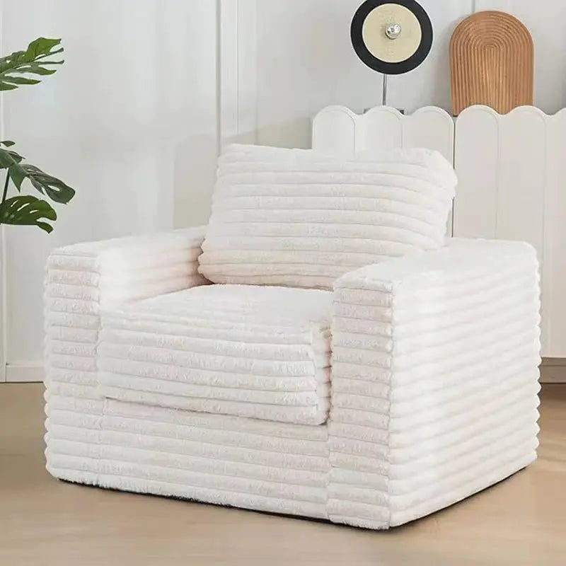 Tufted backrest sofa bed, white ribbed plush upholstery for cozy seating