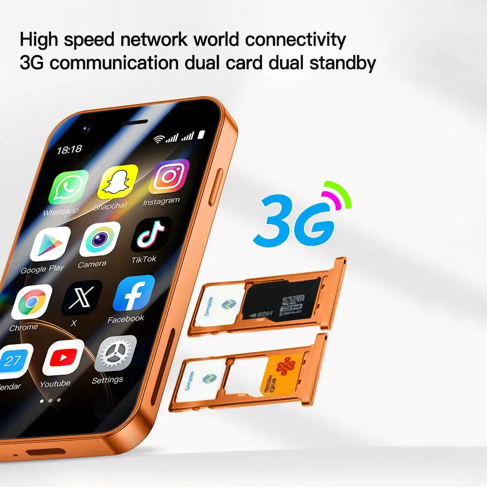 SOYES A17 mini Android smartphone in orange with dual SIM slots and 3G capability.