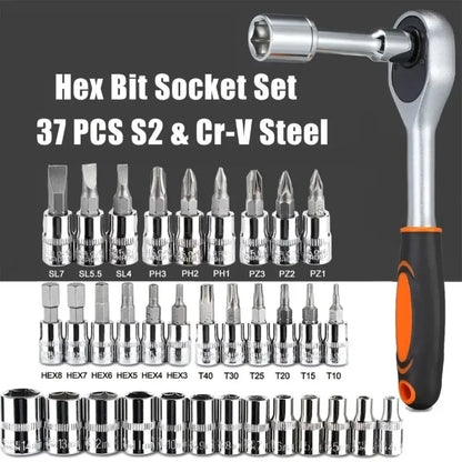 Hex bit socket set with ratchet wrench, 37-piece S2 & Cr-V steel, storage case.
