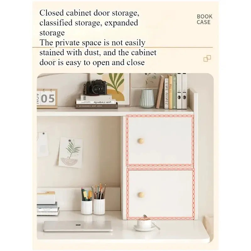 Home desk with integrated white bookcase and two drawers, pink trim, ideal student workspace.