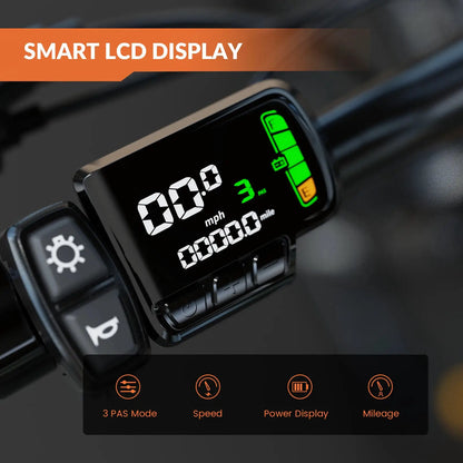 Smart LCD display panel on a black electric bike handlebar, showing speed, mileage, and battery status icons