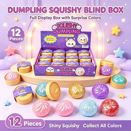 Dumpling Squishy Blind Box 12-piece set with shiny pastel dumplings in a purple display box