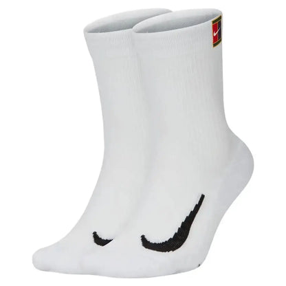 Nike white crew socks, pair with thick-pile terry sole and non-slip grip, black swoosh.