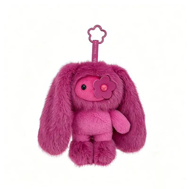 Cute Juju Rabbit Plush Keychain, pink fuzzy fur with flower detail, PrimeCanada.Store bag accessory