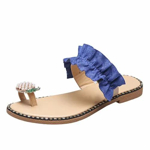 PrimeCanada.Store Pineapple Pearl Beach Slides with blue ruffle strap and pineapple pearl toe ornament