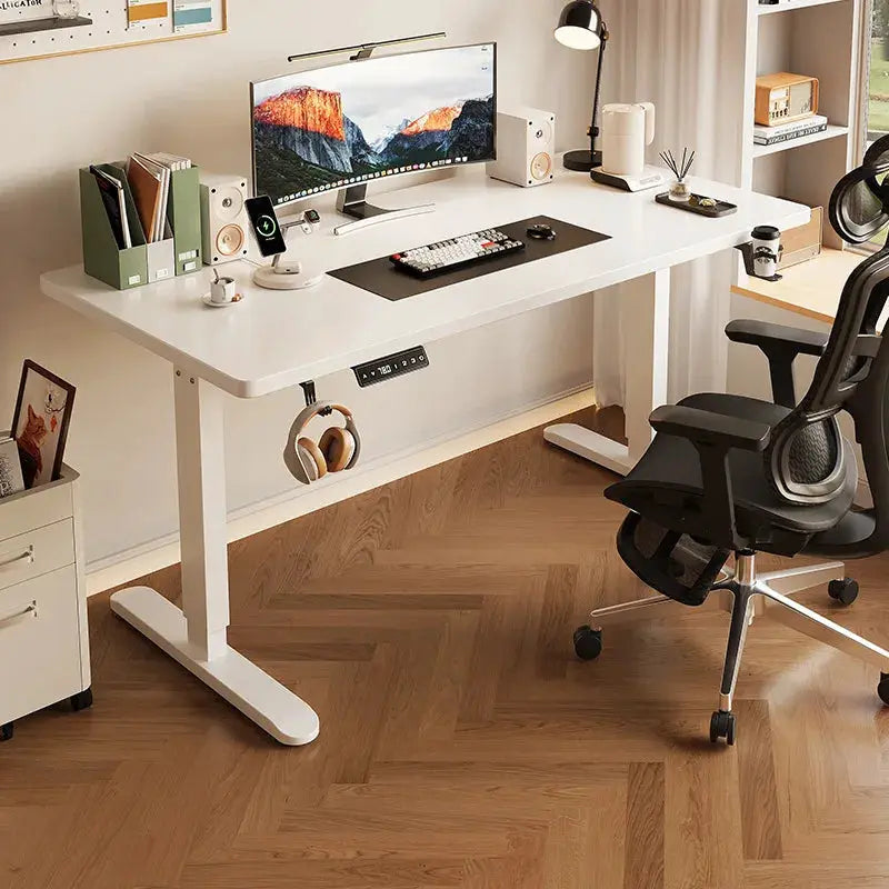 Electric height-adjustable standing desk, white finish, ergonomic sit-stand computer workstation
