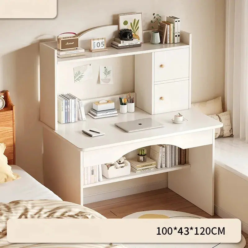 Home desk with integrated bookcase in white; compact 100x43x120 cm with top shelf and right-side drawers