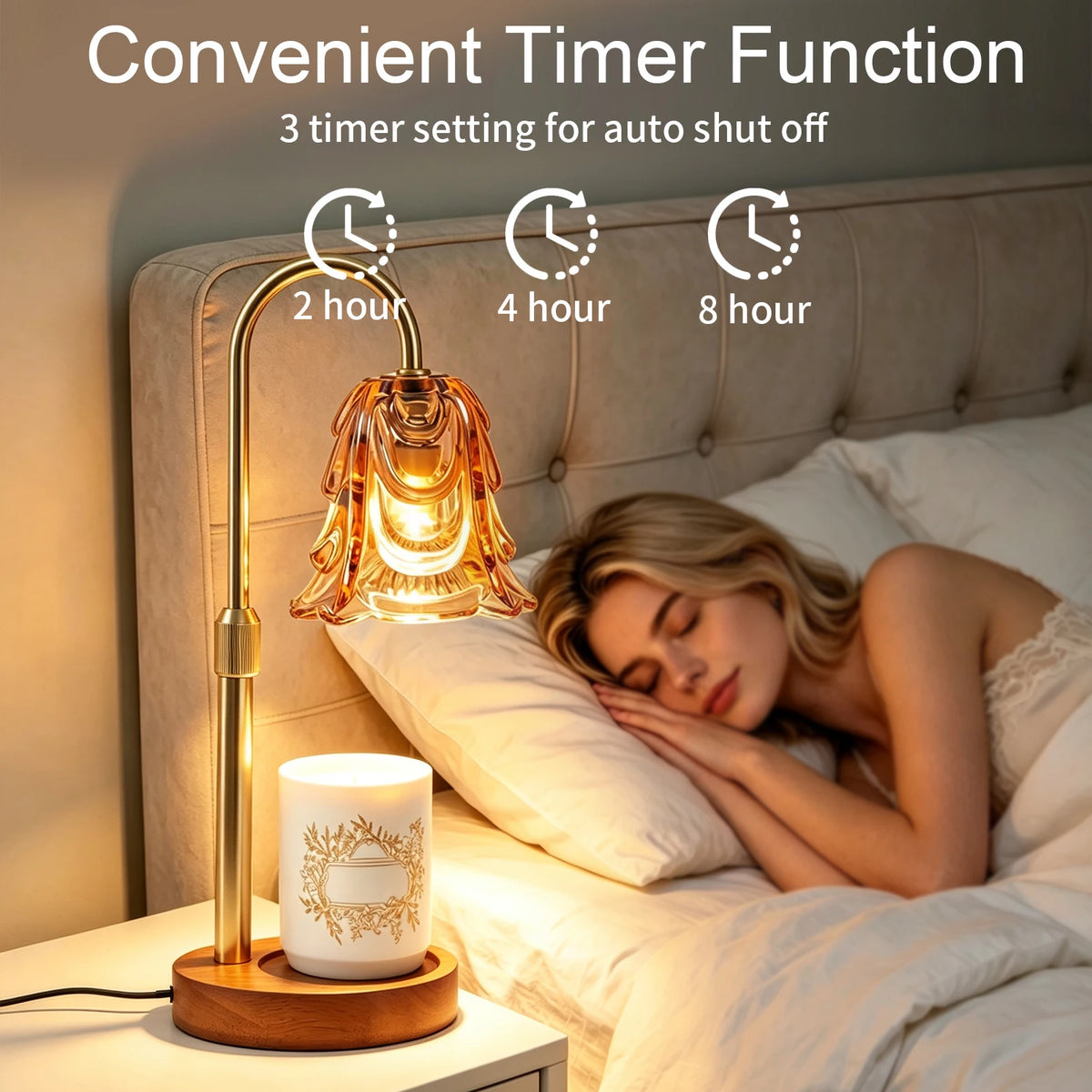 Gold candle warmer lamp with amber glass shade and timer on a wooden nightstand beside a sleeping person