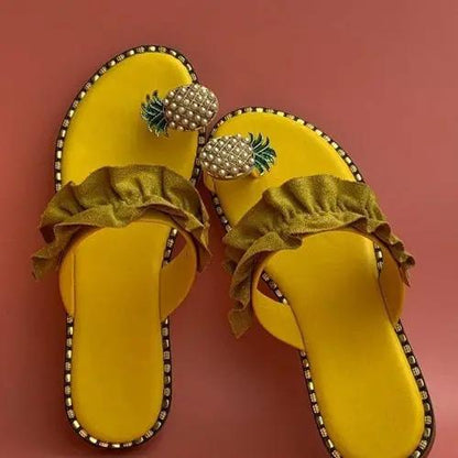 Pineapple Pearl Beach Slides yellow flat-toe women's slippers with olive-green ruffle straps (pair)