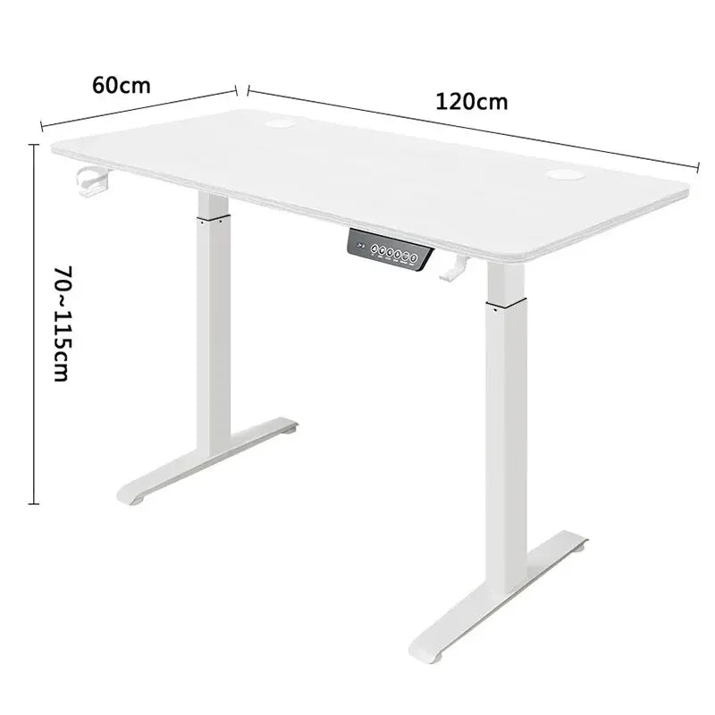 Electric height-adjustable standing desk with white frame, 120 cm wide