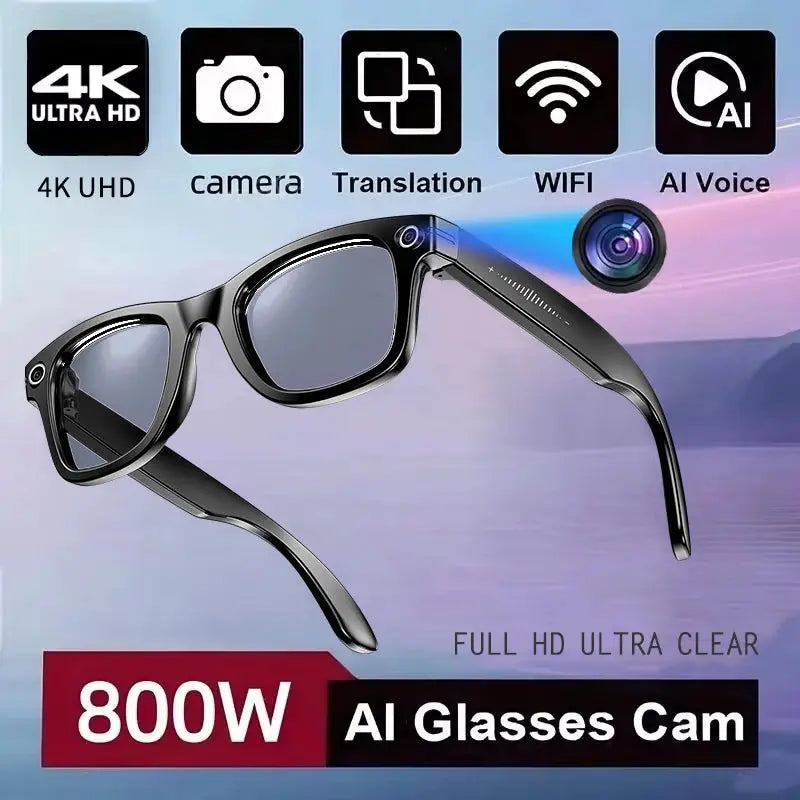 Black AI translation smart glasses with built-in camera, 4K UHD recording, waterproof design