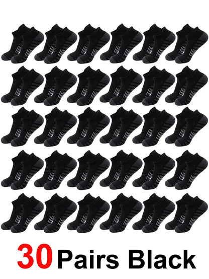 Breathable cushioned athletic ankle socks with extra padding, black, 30 pairs