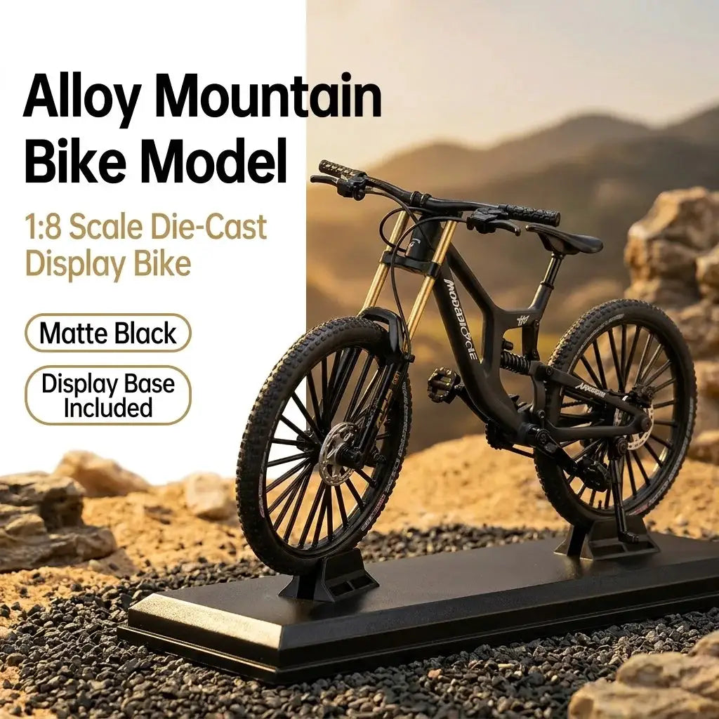 1:8 scale die-cast European alloy mountain bike model in matte black with dual suspension, display base included