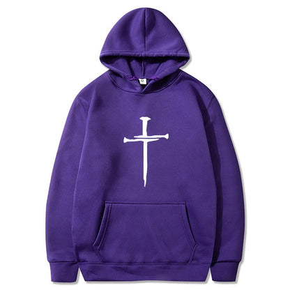 Men's Black Cross Graphic Hoodie Polyester Pullover Sweatshirt