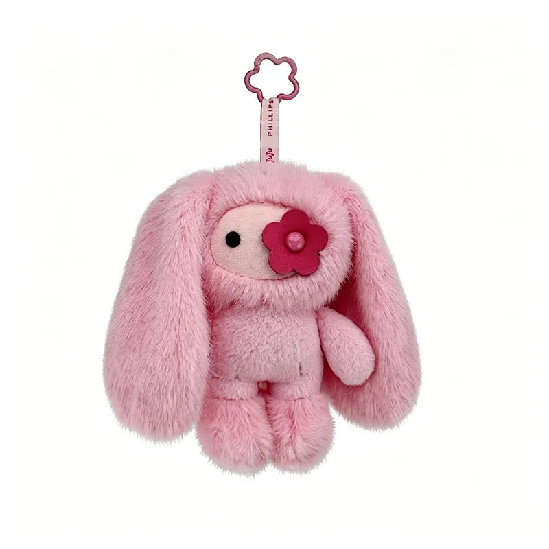 Juju Rabbit plush keychain in pink with a flower on its eye PrimeCanada.Store