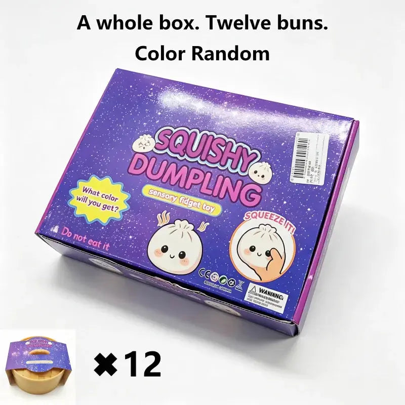 Squishy Dumpling mini stress-relief toys; 12-pack in purple box, soft transparent TPR squeezables