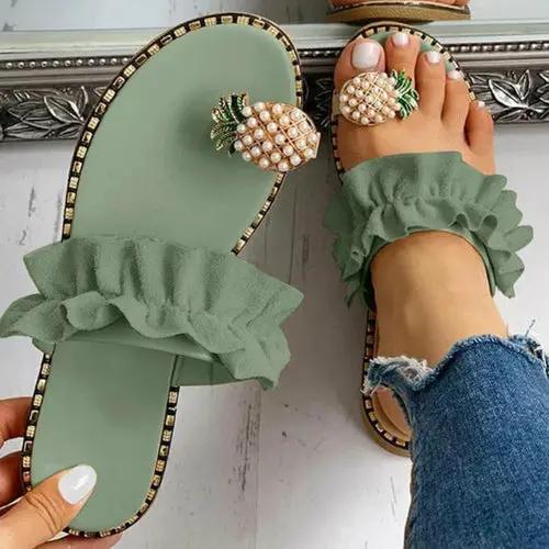 Pineapple Pearl Beach Slides with green ruffled strap and pearl pineapple accent, PrimeCanada.Store