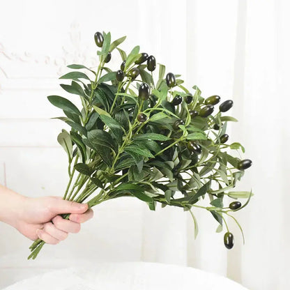 Artificial olive branch bouquet with green leaves and dark olives